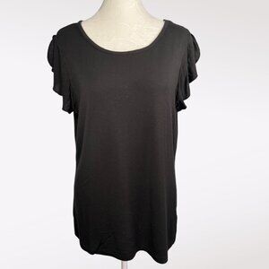 Tahari Black Flutter Sleeve Top Scoop Neck Viscose Large